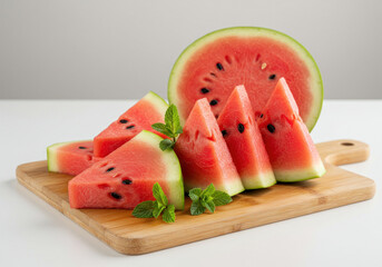 Watermelon slices on a cutting board.