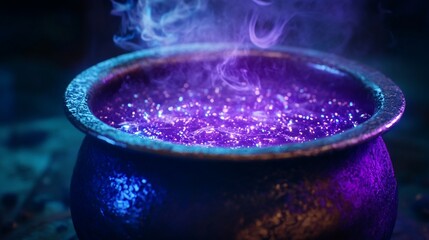 Magical brew in a cauldron.  Steaming liquid with glowing purple-blue particles