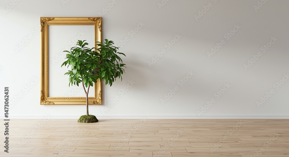 Poster tree next to frame on empty wall