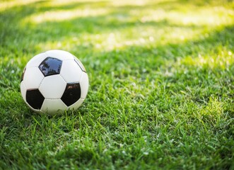 Fototapeta premium A vibrant soccer ball rests on the lush green field of a modern stadium. with empty stands under a bright blue sky. perfect for sporting events and promotional imagery