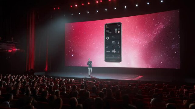 Ceo presenting new mobile application to audience during a conference or product launch event held in a modern auditorium, showcasing innovative technology and engaging with attendees