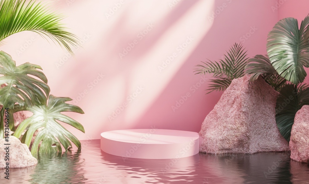 Poster a serene pink cave interior featuring a circular platform illuminated by soft rays of light. surroun