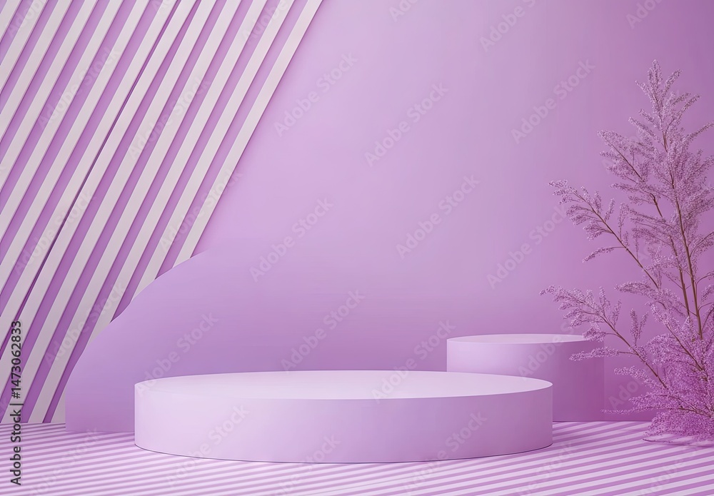 Poster a serene. minimalist scene featuring two round. purple platforms set against a backdrop of vertical 