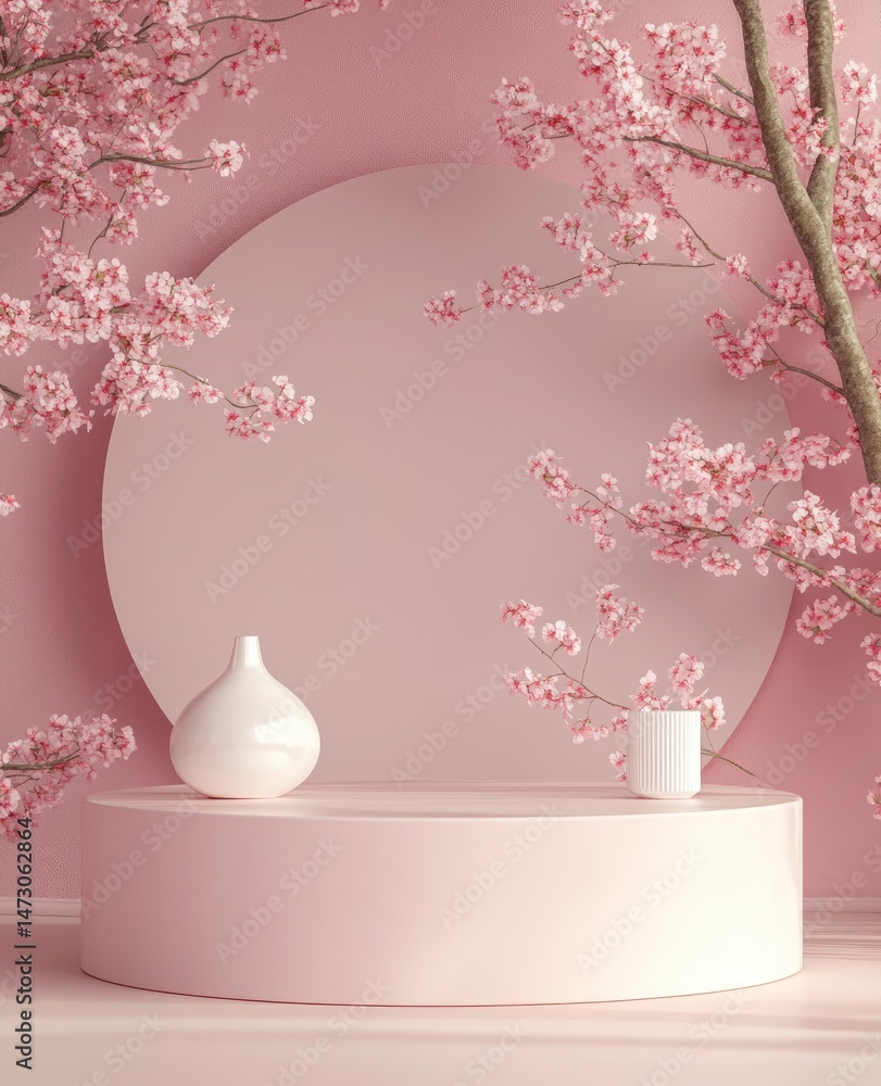 Poster a serene and minimalistic setup featuring a circular backdrop and a small sculptural element. surrou