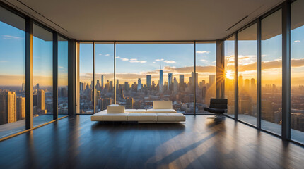 stylish office lounge apartment featuring light beige couch and city skyline view visible from the window interior design photography