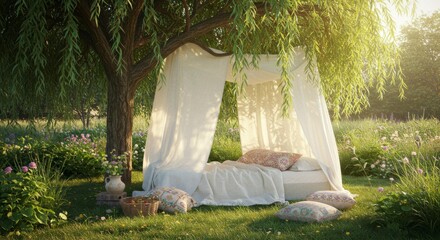 Romantic Outdoor Canopy Bed in a Sunny Flower Meadow