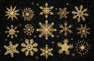 A shimmering golden snowflake against a black background. surrounded by sparkling stars. perfect for winter celebrations. holiday cards. and seasonal promotions