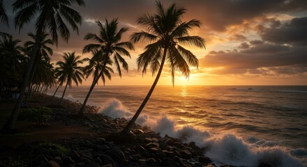 Silhouette Palm Trees at Tropical Sunset Beach