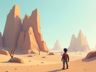 Minimalist low poly desert landscape with towering rock formations and a lone traveler