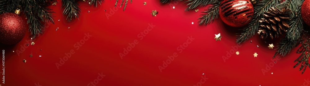 Poster festive red background featuring two shiny red ornaments surrounded by snowflakes. creating a cheerf