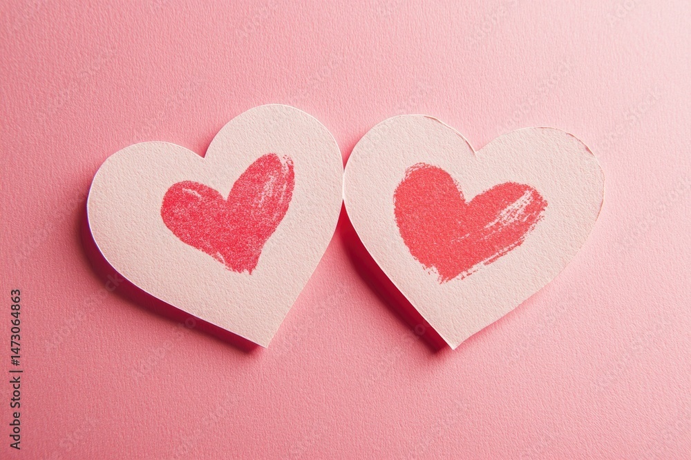 Poster a close-up view of two heart-shaped sticky notes with hand-painted red hearts. positioned next to a 