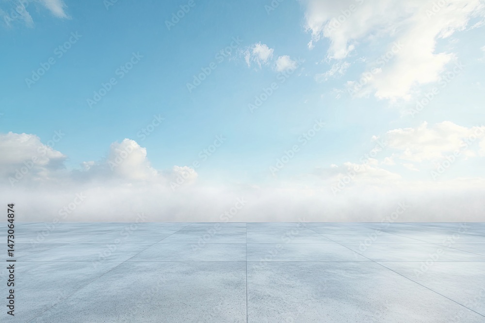 Poster a serene. minimalistic concrete space with soft mist and clear blue skies. creating a tranquil atmos