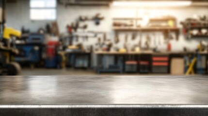 A sleek metal workbench in a modern workshop. surrounded by tools and machinery. with a blurred background showcasing a well-organized workspace
