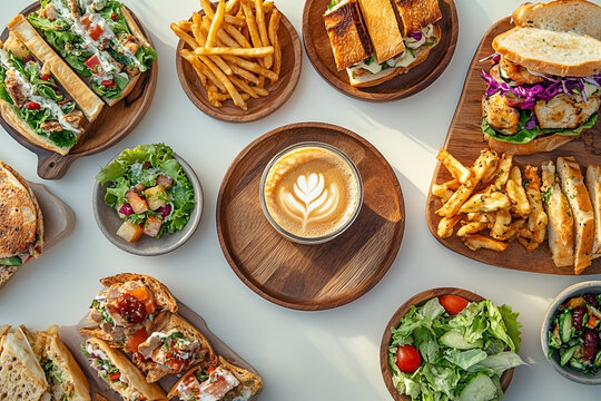 Artistic Flat Lay of Lunch Menu with Coffee and Fresh Food on Wooden Trays