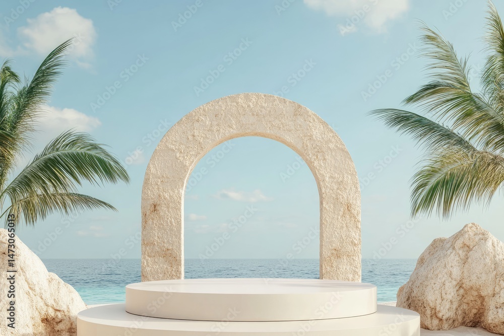 Poster a serene beach scene featuring a large. elegant arch structure surrounded by palm trees. with calm o