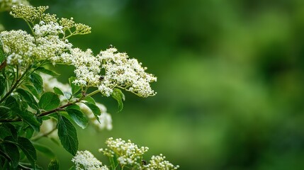 Close-up view of delicate white blossoms on a leafy shrub.