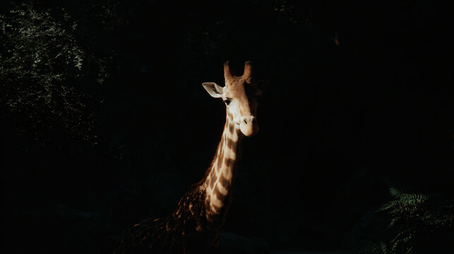 Enigmatic Giraffe Silhouette at Night in African Forest: Longneck Mammal's Peaceful Safari Wildlife Photography Captures Tranquil Beauty Wildlife Environment with Exotic Patterns and Shadows