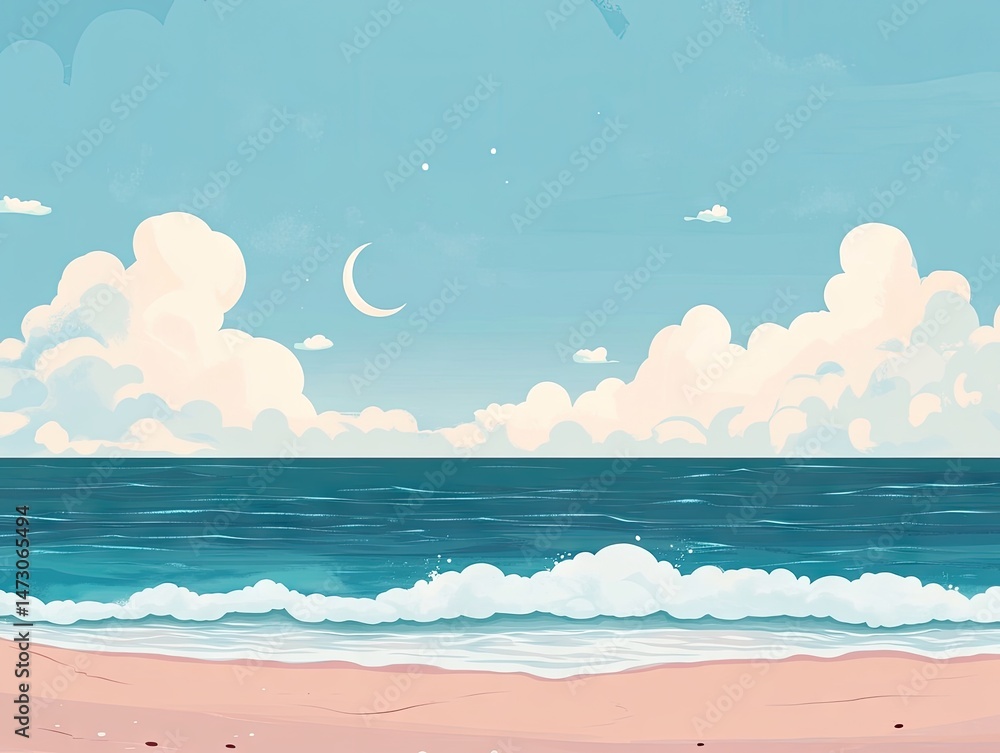Poster a serene beach scene at twilight with gentle waves lapping at the shore. a crescent moon in a clear 