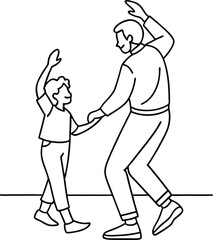 Father and son joyfully dancing together in a simple black and white line art illustration