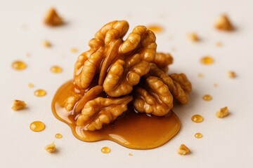 Fototapeta premium Walnut drizzled with honey, close-up, on a light background, macro photography