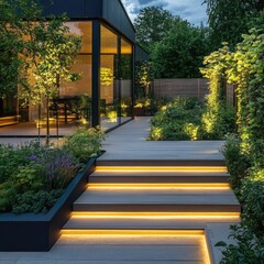 Modern garden pathway with LED lighting.  Exterior steps leading to a contemporary home.  Landscaped garden beds with vibrant foliage