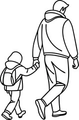 Black and white line art of a father and child walking together holding hands towards school