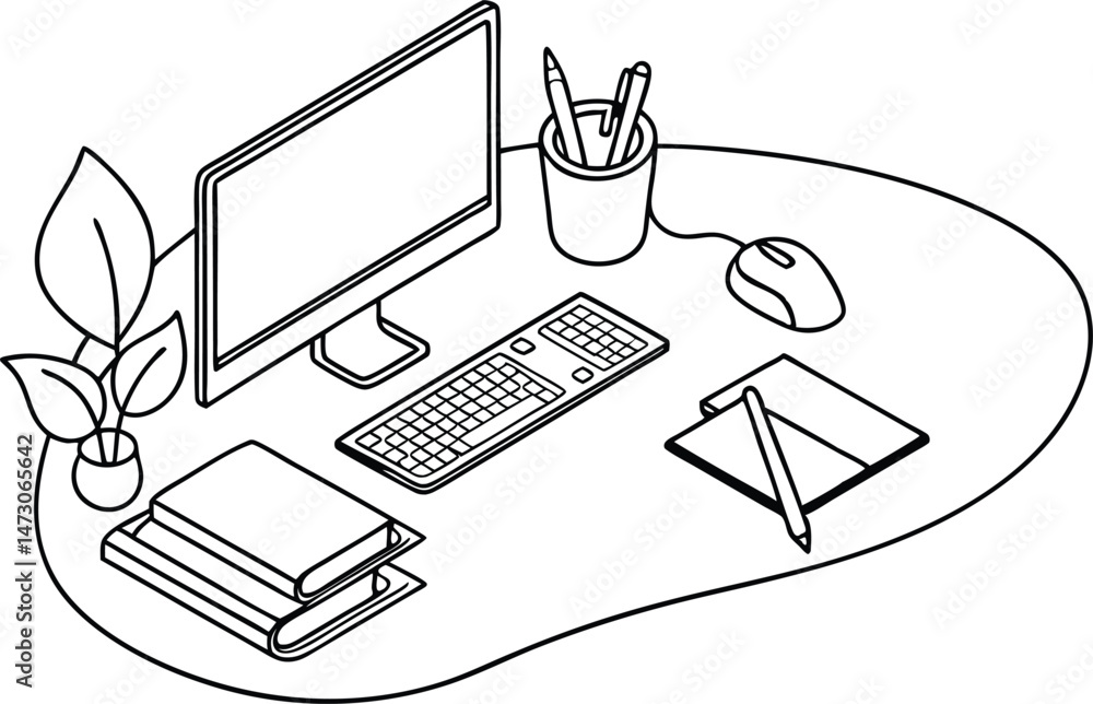 Fototapete isometric illustration of a minimalist workspace with a computer keyboard mouse stationery plant boo