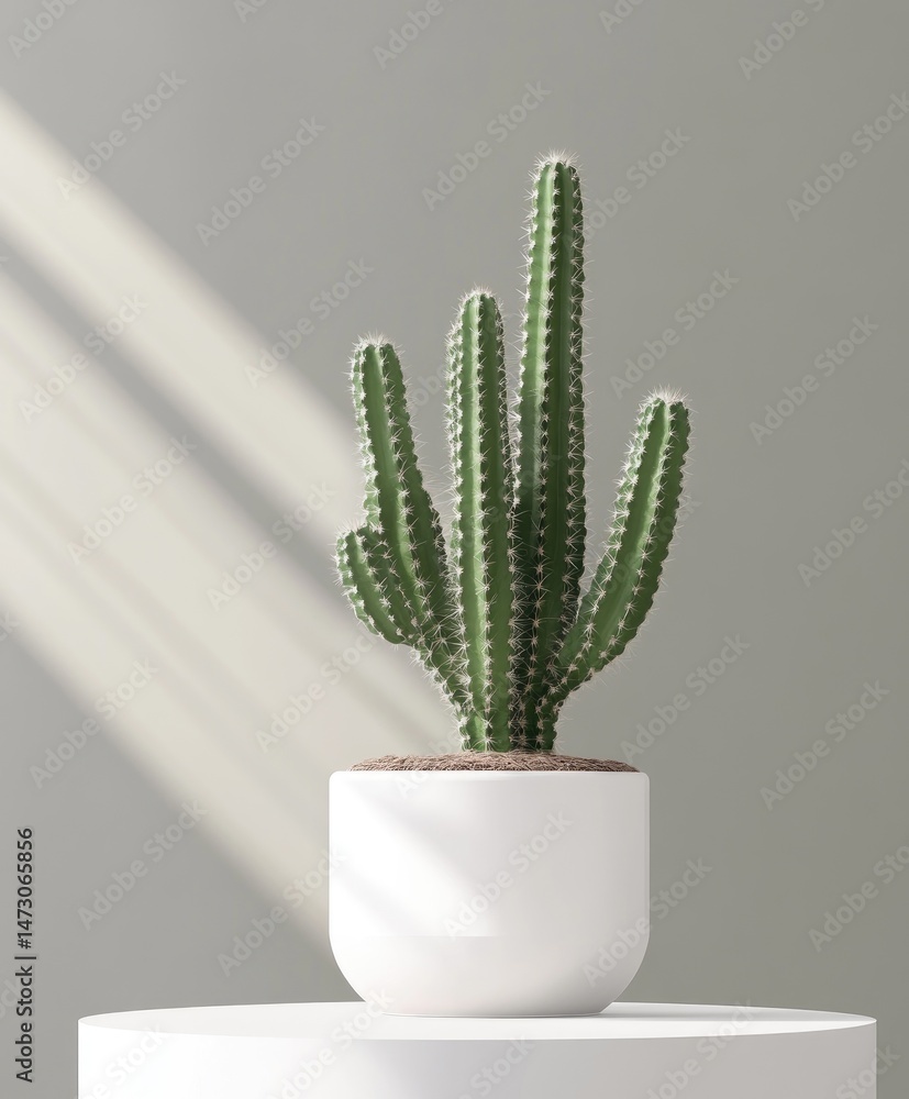 Poster a serene interior scene featuring a minimalist white coffee table and a potted cactus. illuminated b