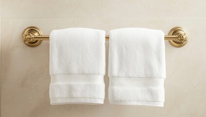 Two white bath towels hanging on a gold towel bar