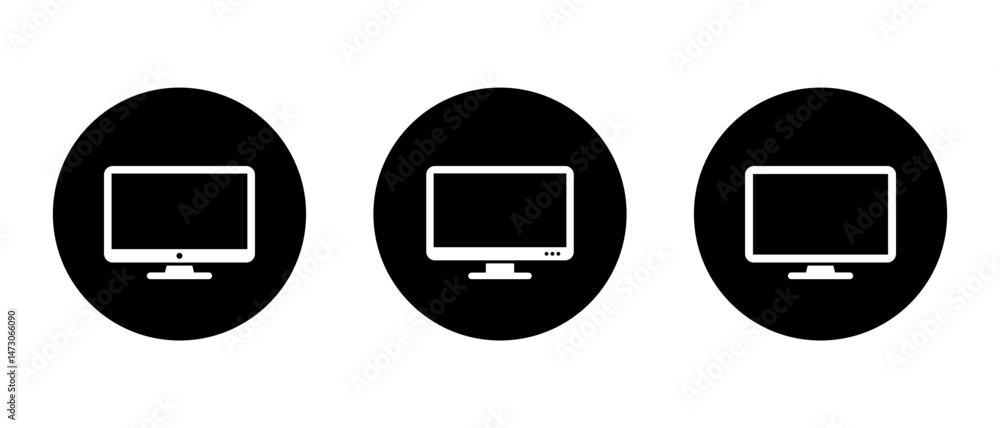 Poster computer monitor, desktop screen icon set on black circle. pc display sign symbol