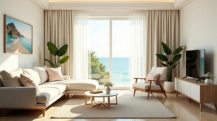 Fototapeta premium Serene Coastal Living Room Design Relaxing Sectional Sofa, Ocean View, and Stylish Decor