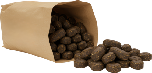 Brown Paper Bag of Dark Brown Herbal Supplement Tablets or Pills