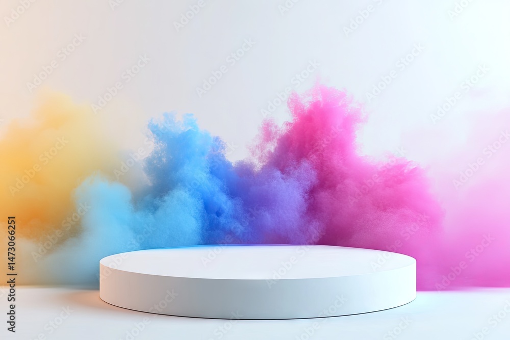 Poster vibrant explosion of colorful powders surrounds a white circular podium. creating a dynamic backdrop