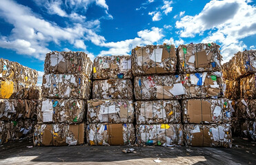 Stacks of compressed recyclable paper and cardboard with cloudy sky background