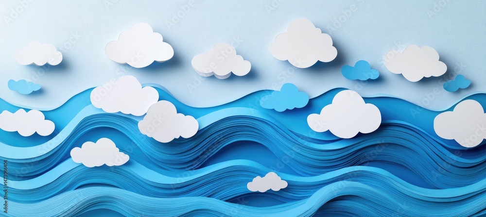 Poster a serene paper-cut style ocean scene with layered waves in various shades of blue. fluffy clouds abo