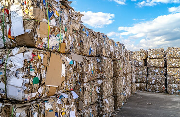 Extensive stockpiles of compacted cardboard bales awaiting recycling processing