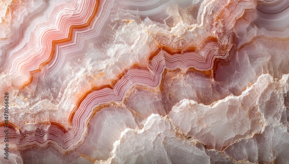 Aufkleber close-up view of a beautifully layered agate stone showcasing intricate patterns and soft hues of or