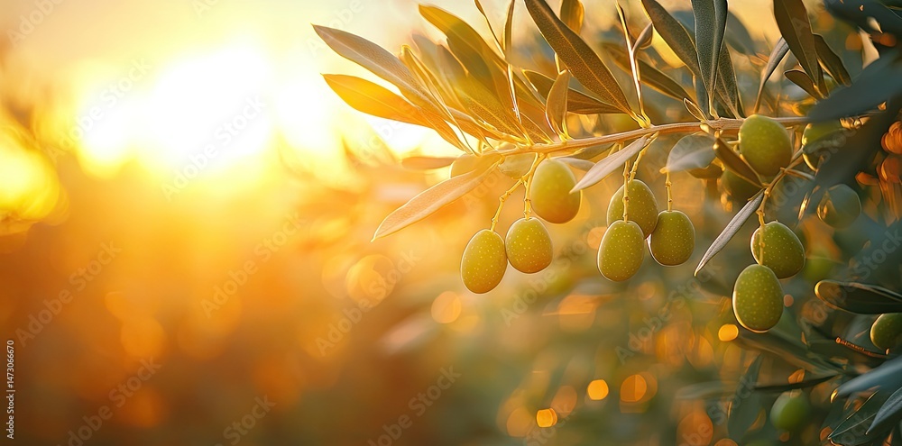 Aufkleber a close-up view of a sunlit olive branch with green olives. showcasing vibrant leaves and soft sunli