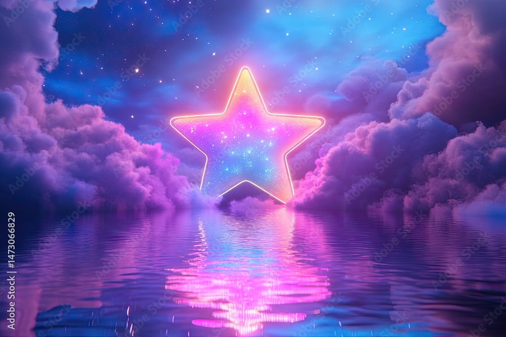 Poster a vibrant neon star illuminates a tranquil water surface. surrounded by colorful clouds. creating a 