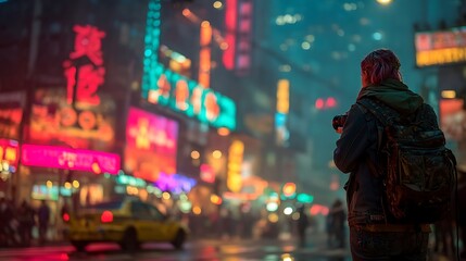 Fototapeta premium Urban Night Photographer Captures Vibrant City Lights and Neon Signs