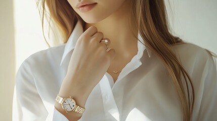 Elegance in Simplicity, Close-Up of Woman Adorned with Jewelry and Watch