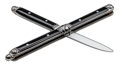 Artisan Folding Knife: A close-up shot of an elegant, artisan folding knife with a polished silver blade and a detailed, ornate handle, crossed on a pristine surface.