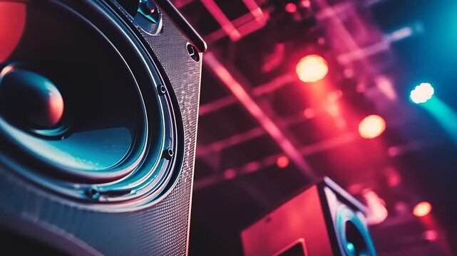 Dynamic audio sound system speakers illuminated with captivating vibrant stage lights