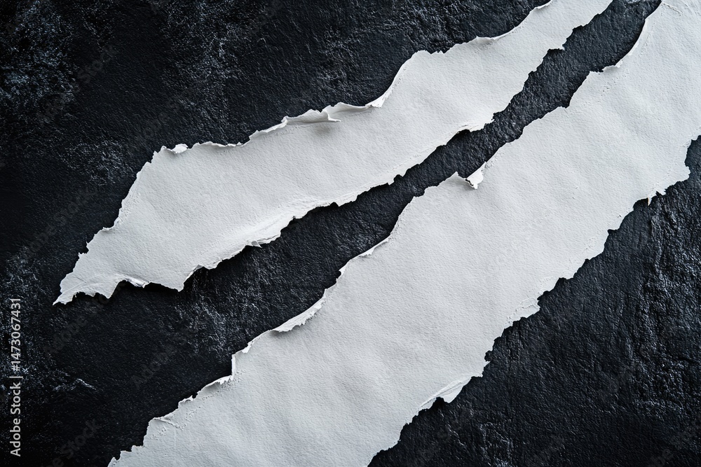 Poster three uneven pieces of torn white paper resting on a textured black surface. creating a striking con