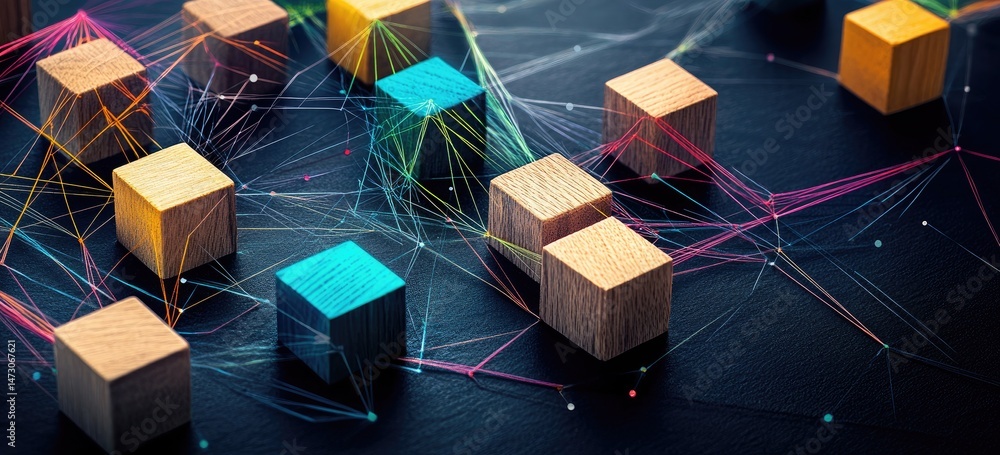 Poster a vibrant arrangement of colorful wooden blocks connected by strings. illustrating a network concept