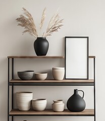 A modern interior shelf display featuring various vases and decorative bowls. with natural light casting soft shadows on a neutral wall. creating a serene atmosphere