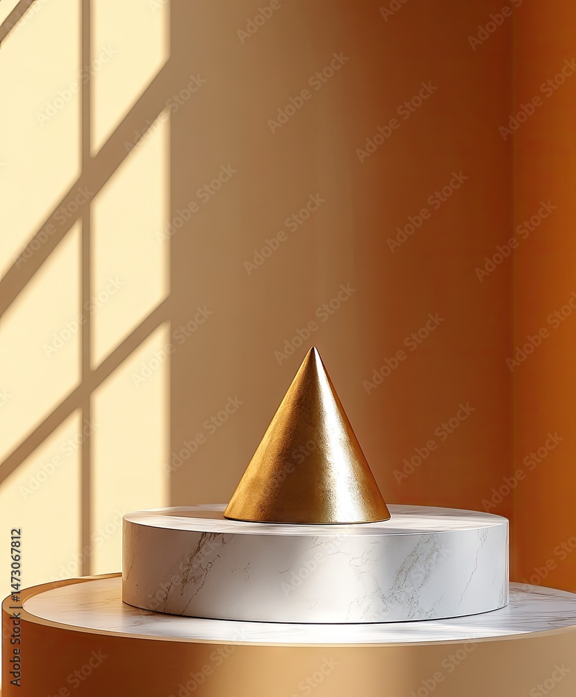 Poster a golden cone sculpture placed on a round marble table in a sunlit room with warm-toned walls and la