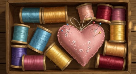 Wooden box filled with colorful threads and a stitched heart.