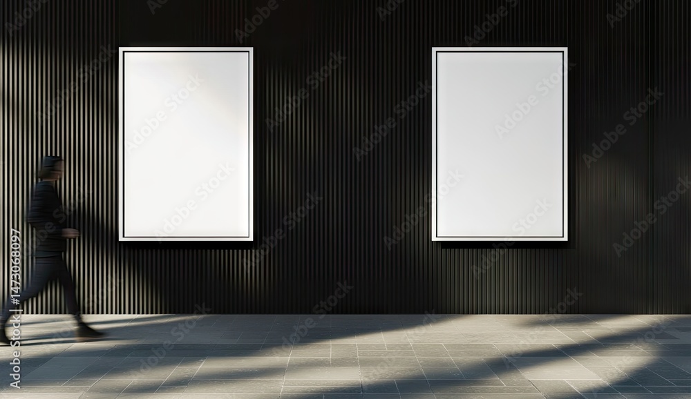Poster a modern interior scene featuring two blank frames on a sleek wall. with a person walking past. high