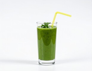 Glass of vibrant green smoothie with a yellow straw, garnished with fresh parsley, set against white